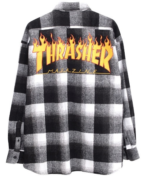 ブラウス シャツ 「THRASHER/スラッシャー」ファイアーロゴバック刺繍ルーズサイズ 長袖チェックシャツネルシャツ レディース メンズ セール】『THRASHER/スラッシャー』ファイアーロゴバック刺繍