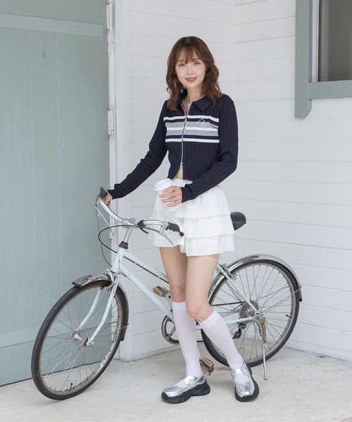 3.3 Field Trip （3.3フィールドトリップ）の「3.3 Field Trip／ロゴボーダーロングスリーブニット（カーディガン/ボレロ・レディース・ブラック/ネイビー・FREE）」の5枚目の写真