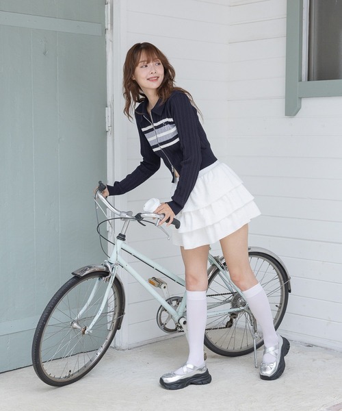 3.3 Field Trip （3.3フィールドトリップ）の「3.3 Field Trip／ロゴボーダーロングスリーブニット（カーディガン/ボレロ・レディース・ブラック/ネイビー・FREE）」の6枚目の写真