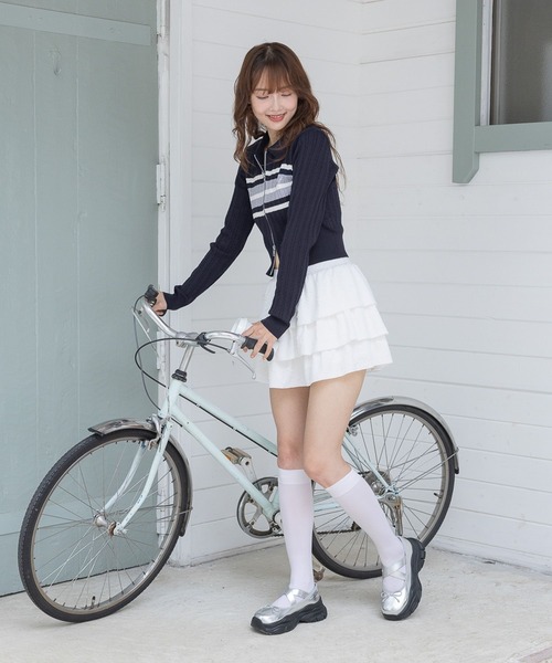 3.3 Field Trip （3.3フィールドトリップ）の「3.3 Field Trip／ロゴボーダーロングスリーブニット（カーディガン/ボレロ・レディース・ブラック/ネイビー・FREE）」の7枚目の写真