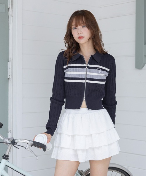 3.3 Field Trip （3.3フィールドトリップ）の「3.3 Field Trip／ロゴボーダーロングスリーブニット（カーディガン/ボレロ・レディース・ブラック/ネイビー・FREE）」の8枚目の写真