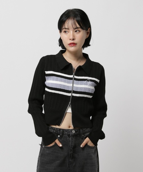 3.3 Field Trip （3.3フィールドトリップ）の「3.3 Field Trip／ロゴボーダーロングスリーブニット（カーディガン/ボレロ・レディース・ブラック/ネイビー・FREE）」の15枚目の写真