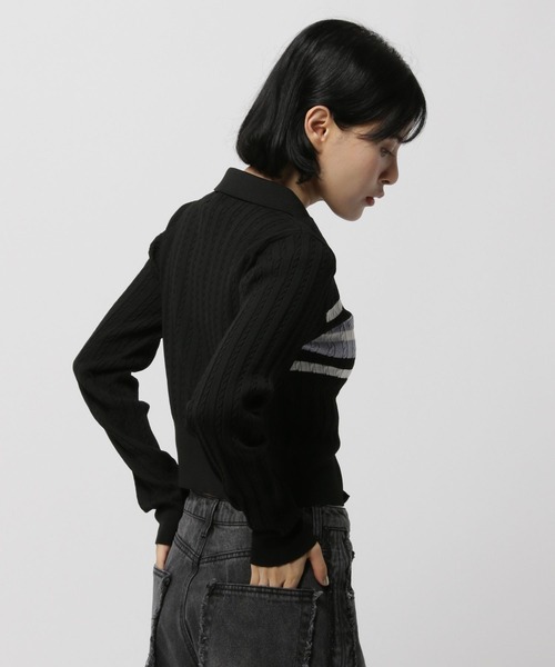 3.3 Field Trip （3.3フィールドトリップ）の「3.3 Field Trip／ロゴボーダーロングスリーブニット（カーディガン/ボレロ・レディース・ブラック/ネイビー・FREE）」の16枚目の写真