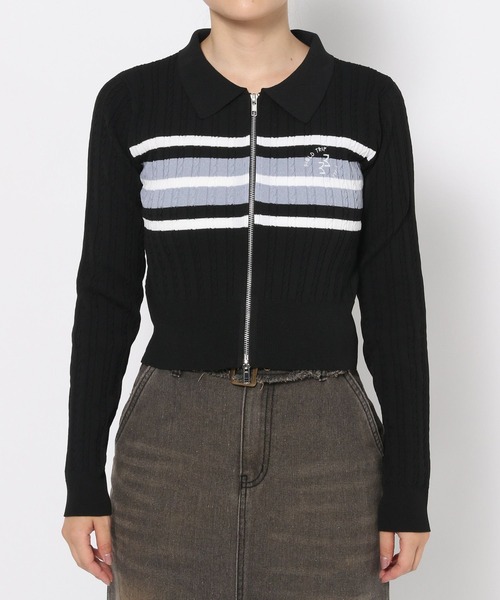 3.3 Field Trip （3.3フィールドトリップ）の「3.3 Field Trip／ロゴボーダーロングスリーブニット（カーディガン/ボレロ・レディース・ブラック/ネイビー・FREE）」の18枚目の写真