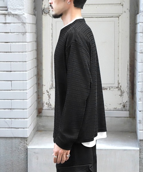 LUXSTYLE(ラグスタイル)の「レイヤード透かし編みニット&ロンT(アンサンブル・メンズ・ブラック・L/M)」の3枚目の写真
