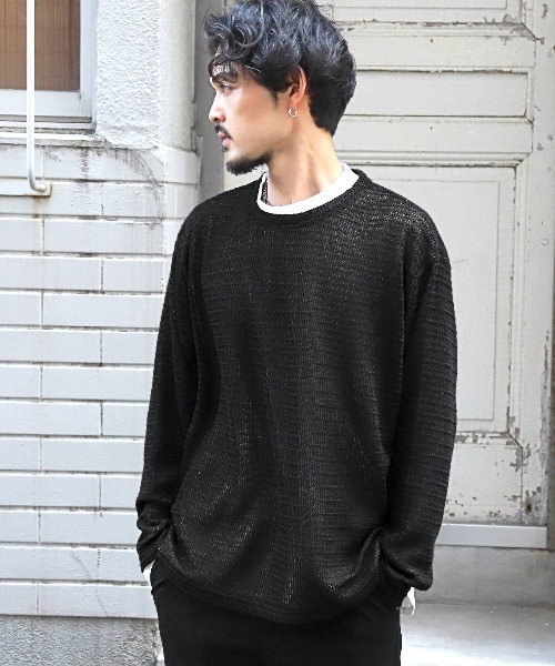 LUXSTYLE(ラグスタイル)の「レイヤード透かし編みニット&ロンT(アンサンブル・メンズ・ブラック・L/M)」の4枚目の写真