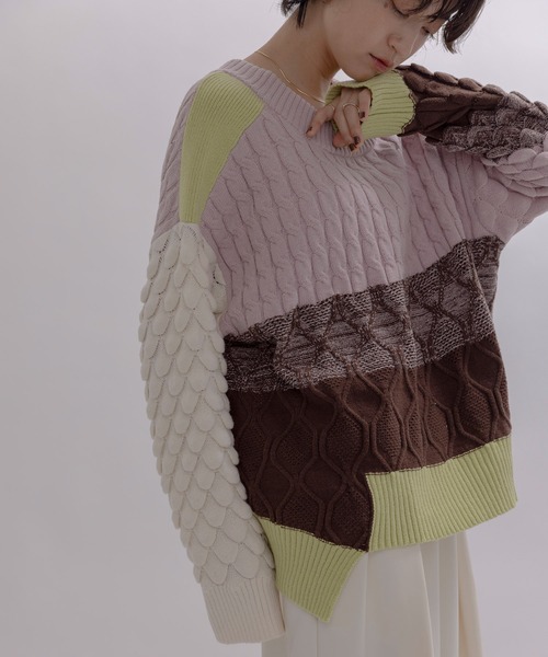 Eimee Law(エイミーロウ)の「MIXケーブルニット(ニット/セーター・レディース・アイボリー/ブラック/ライトグレー/チャコールグレー/ピンク/ネイビー・FREE)」の6枚目の写真