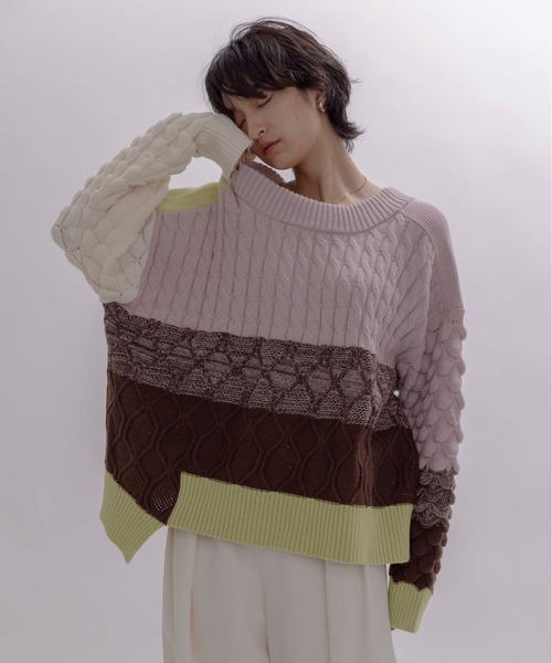 Eimee Law(エイミーロウ)の「MIXケーブルニット(ニット/セーター・レディース・アイボリー/ブラック/ライトグレー/チャコールグレー/ピンク/ネイビー・FREE)」の7枚目の写真