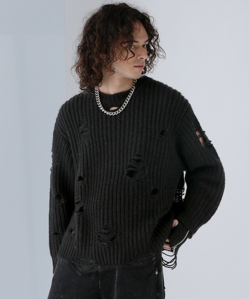 HARE(ハレ)の「ダメージウールニットプルオーバー(HARE)(ニット/セーター・メンズ・グレー/ブラック/パープル・FREE)」の5枚目の写真