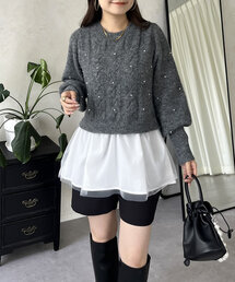 prose verse | 【裾取り外し可能】2wayケーブルパールチュールペプラムニット(ニット/セーター)