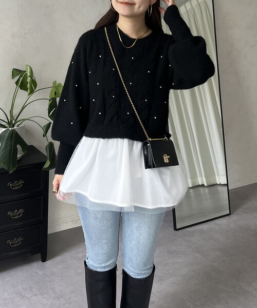 prose verse（プロズヴェール）の「【裾取り外し可能】2wayケーブルパールチュールペプラムニット（ニット/セーター・レディース・グレー/ブラック・LARGE/MEDIUM）」の4枚目の写真