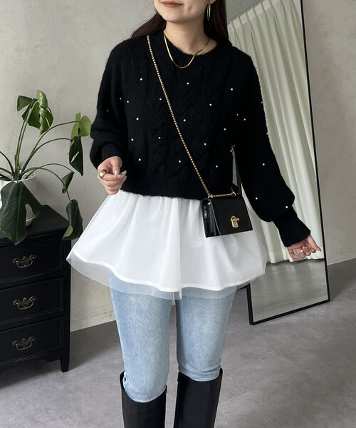 prose verse（プロズヴェール）の「【裾取り外し可能】2wayケーブルパールチュールペプラムニット（ニット/セーター・レディース・グレー/ブラック・LARGE/MEDIUM）」の6枚目の写真