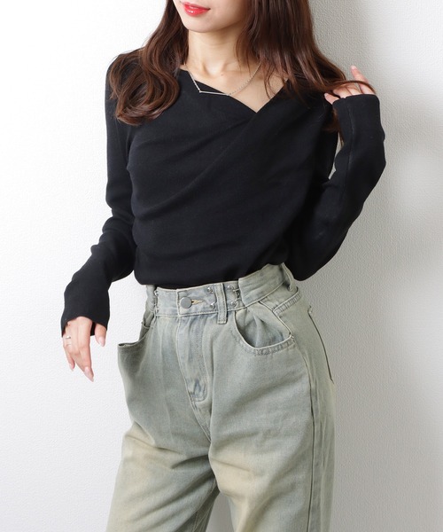 Lace Ladies（レースレディース）の「ソリッドカラー アシンメトリー ドレープ ニット プルオーバー（ニット/セーター・レディース・アイボリー/ブラック/ブルーグレー・M）」の6枚目の写真
