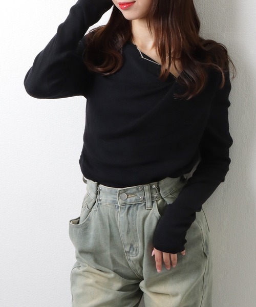 Lace Ladies（レースレディース）の「ソリッドカラー アシンメトリー ドレープ ニット プルオーバー（ニット/セーター・レディース・アイボリー/ブラック/ブルーグレー・M）」の7枚目の写真