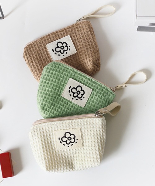 セール】韓国風ワッフル淡色ワンポイントロゴミニポーチ（ポーチ
