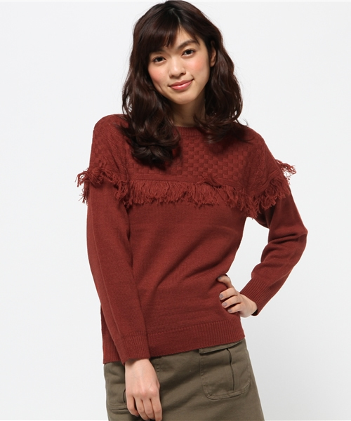 earth music&ecology（アースミュージックアンドエコロジー）の「フリンジ切替えニットプルオーバー（ニット/セーター・レディース・アイボリー/カーキ/レンガ/ダークブラウン・FREE）」の4枚目の写真