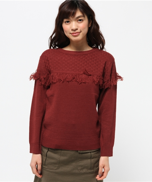 earth music&ecology（アースミュージックアンドエコロジー）の「フリンジ切替えニットプルオーバー（ニット/セーター・レディース・アイボリー/カーキ/レンガ/ダークブラウン・FREE）」の9枚目の写真