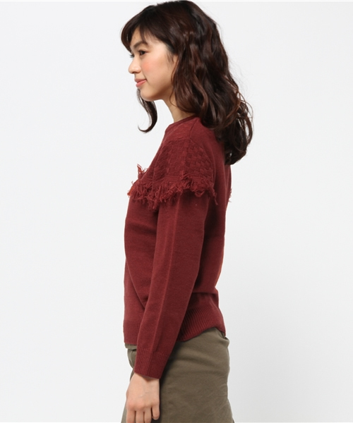 earth music&ecology（アースミュージックアンドエコロジー）の「フリンジ切替えニットプルオーバー（ニット/セーター・レディース・アイボリー/カーキ/レンガ/ダークブラウン・FREE）」の10枚目の写真