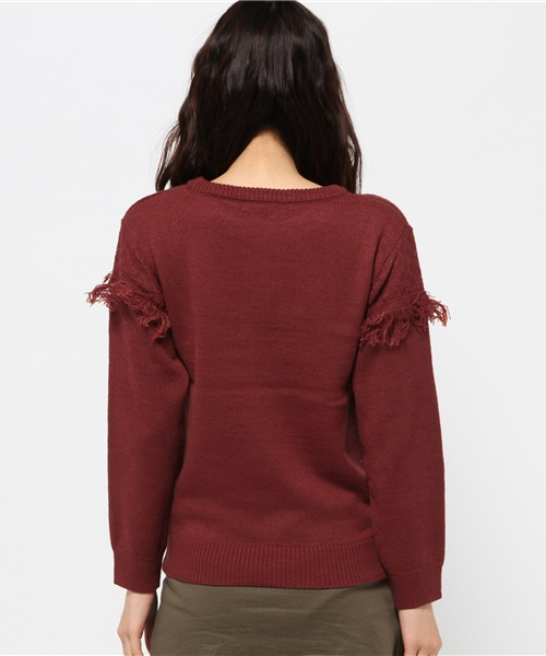 earth music&ecology（アースミュージックアンドエコロジー）の「フリンジ切替えニットプルオーバー（ニット/セーター・レディース・アイボリー/カーキ/レンガ/ダークブラウン・FREE）」の11枚目の写真