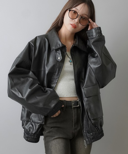 SPINNS（スピンズ）の「ヴィンテージライク合皮A-2ジャケット（ブルゾン・レディース・ブラック/ブラウン系その他・ONESIZE）」の11枚目の写真