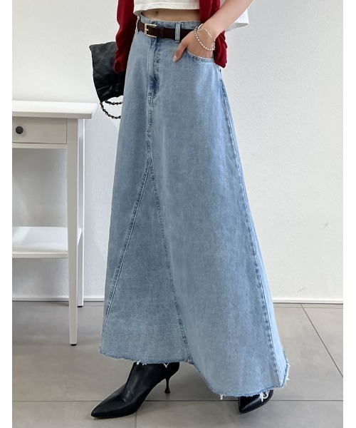 Re:EDIT（リエディ）の「[2025SS COLLECTION][低身長/高身長サイズ有]コットンデニムAライン切り替えスカート（デニムスカート・レディース・グレー/ブルー/ブルー系その他・SHORT/MEDIUM/TALL/LARGE）」の2枚目の写真