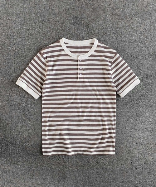 aimoha(アイモハ)の「aimoha MEN マルチボーダーヘンリーネックT(Tシャツ/カットソー・メンズ・ブラック/ブラウン/ベージュ・LARGE/X-LARGE/XX-LARGE/XXX-LARGE)」の9枚目の写真