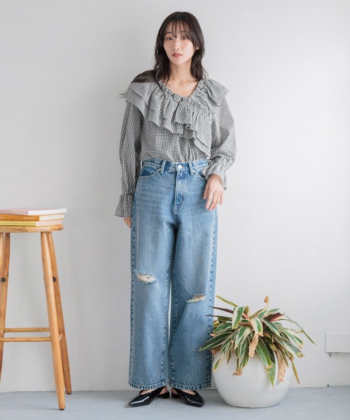 アスタ専用 LOWRYS FARM ブラウス シャツ アシメフリルギャザーブラウス