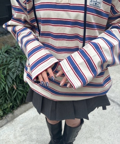 nemne store(ネンネストア)の「マルチボーダードッキングフーディ(パーカー・レディース・アイボリー/ボルドー・MEDIUM/SMALL)」の8枚目の写真