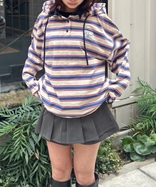 nemne store(ネンネストア)の「マルチボーダードッキングフーディ(パーカー・レディース・アイボリー/ボルドー・MEDIUM/SMALL)」の6枚目の写真
