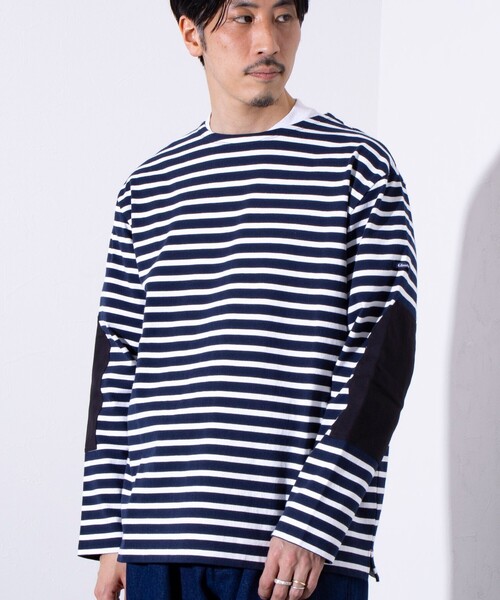 GLOSTER(グロスター)の「【GLOSTER/グロスター】バスクボーダー エルボーパッチ ボーダーロンT(Tシャツ/カットソー・メンズ・その他/ホワイト系その他2/ホワイト系その他/ネイビー/ブルー系その他・S/M/L)」の1枚目の写真