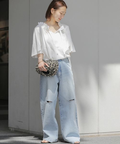 JOURNAL STANDARD relume(ジャーナルスタンダード レリューム)の「《WEB限定追加》フリルリボンTシャツ(Tシャツ/カットソー・レディース・ブラック/ホワイト・FREE)」の10枚目の写真