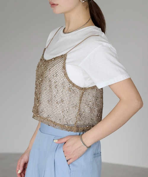 r.（アールドット）の「ネップメッシュ　ビスチェ（キャミソール・レディース・ブラック/アイボリー/ベージュ/オレンジ・FREE）」の5枚目の写真