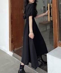 Ritzy | シャーリングデザイン パフスリーブ ミモレ丈 半袖ワンピース(ワンピース)