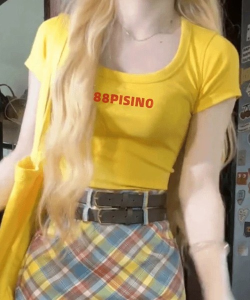 WESTSEA(ウエストシー)の「Uネック ロゴ 半袖Tシャツ ショート丈(Tシャツ/カットソー・レディース・グレー/イエロー・M/L)」の2枚目の写真