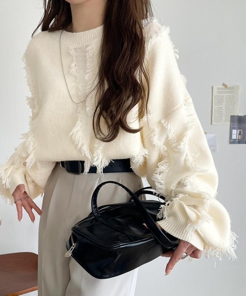 classicalelf（クラシカルエルフ）の「ゆるっとこなれ感◎男女兼用可♪フリンジ配色オーバーニット（長袖）（ニット/セーター・レディース・ベージュ/ネイビー/ブラウン/ブラック/アイボリー/グレー・LARGE/MEDIUM/SMALL/X-LARGE）」の2枚目の写真