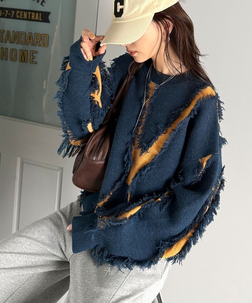 classicalelf（クラシカルエルフ）の「ゆるっとこなれ感◎男女兼用可♪フリンジ配色オーバーニット（長袖）（ニット/セーター・レディース・ベージュ/ネイビー/ブラウン/ブラック/アイボリー/グレー・LARGE/MEDIUM/SMALL/X-LARGE）」の22枚目の写真