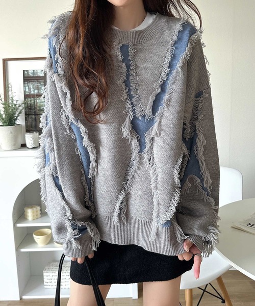 classicalelf（クラシカルエルフ）の「ゆるっとこなれ感◎男女兼用可♪フリンジ配色オーバーニット（長袖）（ニット/セーター・レディース・ベージュ/ネイビー/ブラウン/ブラック/アイボリー/グレー・LARGE/MEDIUM/SMALL/X-LARGE）」の20枚目の写真