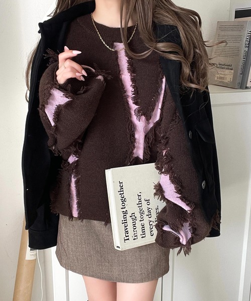 classicalelf（クラシカルエルフ）の「ゆるっとこなれ感◎男女兼用可♪フリンジ配色オーバーニット（長袖）（ニット/セーター・レディース・ベージュ/ネイビー/ブラウン/ブラック/アイボリー/グレー・LARGE/MEDIUM/SMALL/X-LARGE）」の21枚目の写真