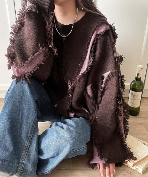 classicalelf（クラシカルエルフ）の「ゆるっとこなれ感◎男女兼用可♪フリンジ配色オーバーニット（長袖）（ニット/セーター・レディース・ベージュ/ネイビー/ブラウン/ブラック/アイボリー/グレー・LARGE/MEDIUM/SMALL/X-LARGE）」の13枚目の写真