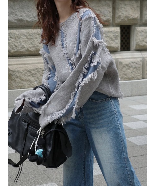 classicalelf（クラシカルエルフ）の「ゆるっとこなれ感◎男女兼用可♪フリンジ配色オーバーニット（長袖）（ニット/セーター・レディース・ベージュ/ネイビー/ブラウン/ブラック/アイボリー/グレー・LARGE/MEDIUM/SMALL/X-LARGE）」の15枚目の写真