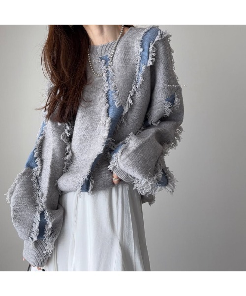 classicalelf（クラシカルエルフ）の「ゆるっとこなれ感◎男女兼用可♪フリンジ配色オーバーニット（長袖）（ニット/セーター・レディース・ベージュ/ネイビー/ブラウン/ブラック/アイボリー/グレー・LARGE/MEDIUM/SMALL/X-LARGE）」の17枚目の写真