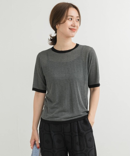 URBAN RESEARCH DOORS（アーバンリサーチドアーズ）の「リンガー半袖ニットTシャツ（ニット/セーター・レディース・グレー/ベージュ・MEDIUM）」の2枚目の写真