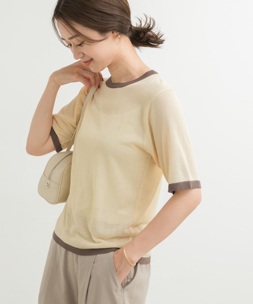 URBAN RESEARCH DOORS（アーバンリサーチドアーズ）の「リンガー半袖ニットTシャツ（ニット/セーター・レディース・グレー/ベージュ・MEDIUM）」の3枚目の写真