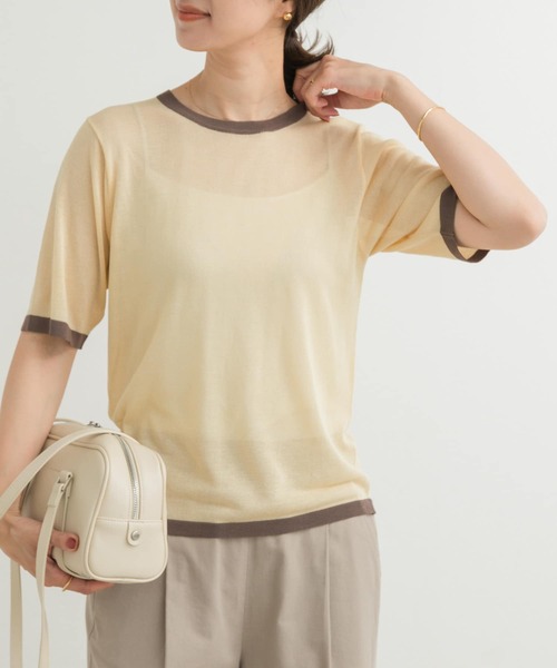 URBAN RESEARCH DOORS（アーバンリサーチドアーズ）の「リンガー半袖ニットTシャツ（ニット/セーター・レディース・グレー/ベージュ・MEDIUM）」の4枚目の写真