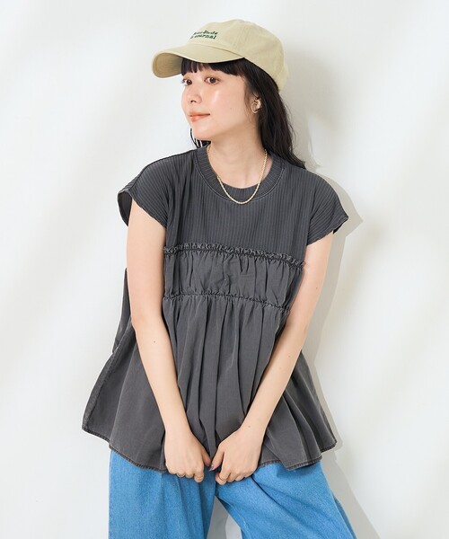 FREAK'S STORE(フリークスストア)の「アーミーリブ コンビピグメント フレンチスリーブTシャツ/切替ドッキングTシャツ(Tシャツ/カットソー・レディース・チャコール/ブルーグリーン/ナチュラル・フリ-)」の16枚目の写真