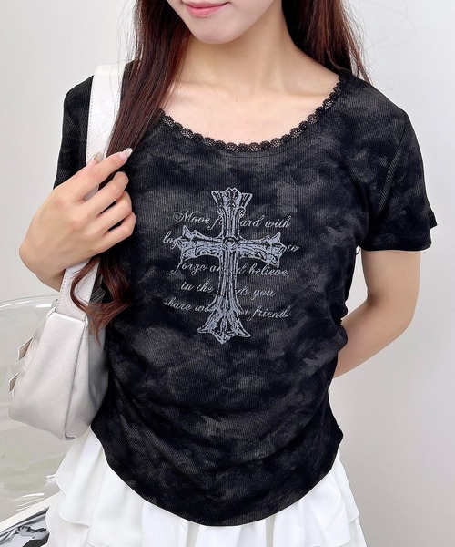INGNI（イング）の「ムラ染めレースサイドギャザークロスロゴトップス（Tシャツ/カットソー・レディース・ブラック/オフホワイト/ベージュ・M）」の12枚目の写真
