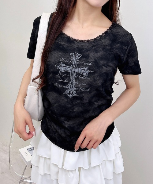INGNI（イング）の「ムラ染めレースサイドギャザークロスロゴトップス（Tシャツ/カットソー・レディース・ブラック/オフホワイト/ベージュ・M）」の13枚目の写真