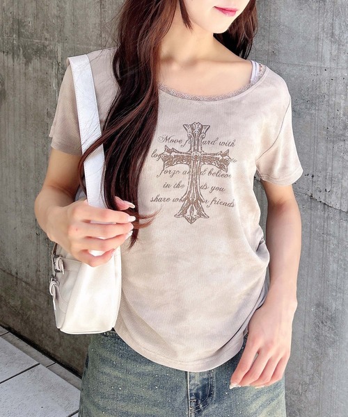 INGNI（イング）の「ムラ染めレースサイドギャザークロスロゴトップス（Tシャツ/カットソー・レディース・ブラック/オフホワイト/ベージュ・M）」の22枚目の写真