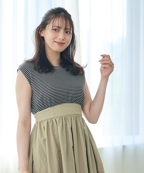 12Twelve Agenda(トゥエルブ アジェンダ)の「カットソー×ボリュームナイロンスカートドッキングワンピース(ワンピース・レディース・ブラック/ベージュ・M)」の7枚目の写真
