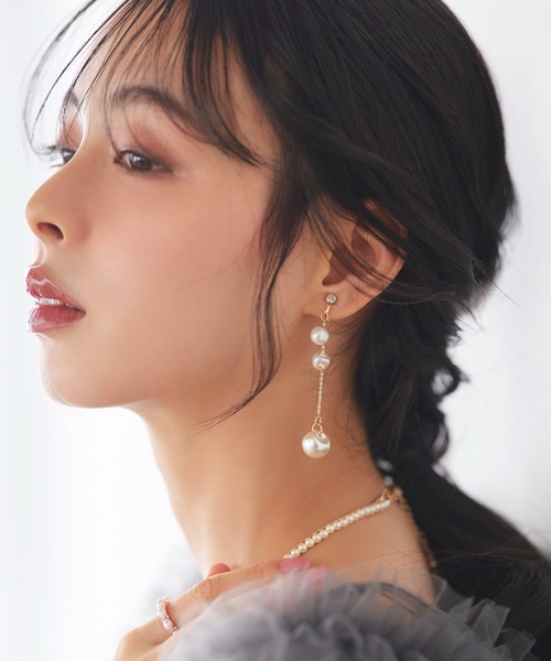 3連 大粒 パール ドロップ イヤリング ｜ レディース 結婚式